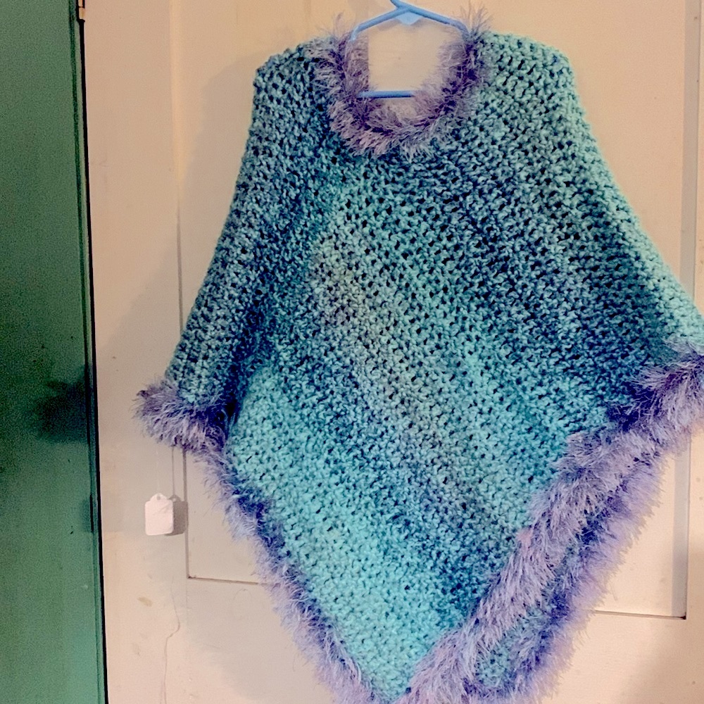 NOT FOR SALE OOAK Poncho with eyelash yarn trim - Picture 4 of 7
